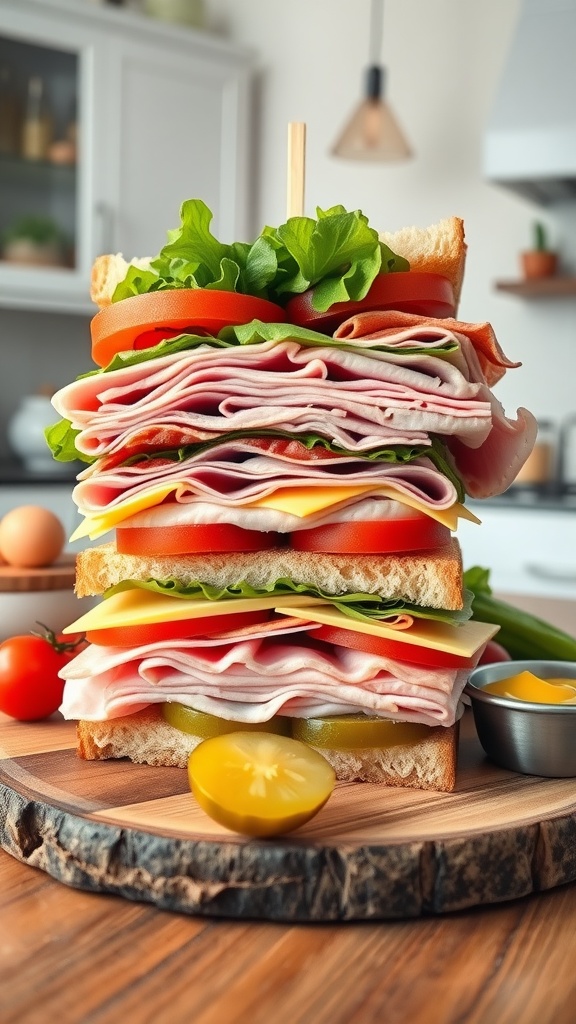 A delicious cold cut sandwich with ham, turkey, Swiss cheese, lettuce, and tomato on a wooden board with pickles.